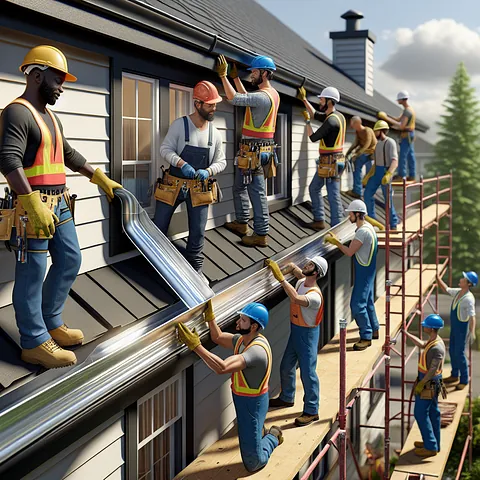 Realistic stock image of workers installing canalones