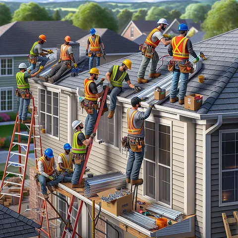 Realistic stock image of workers installing canalones
